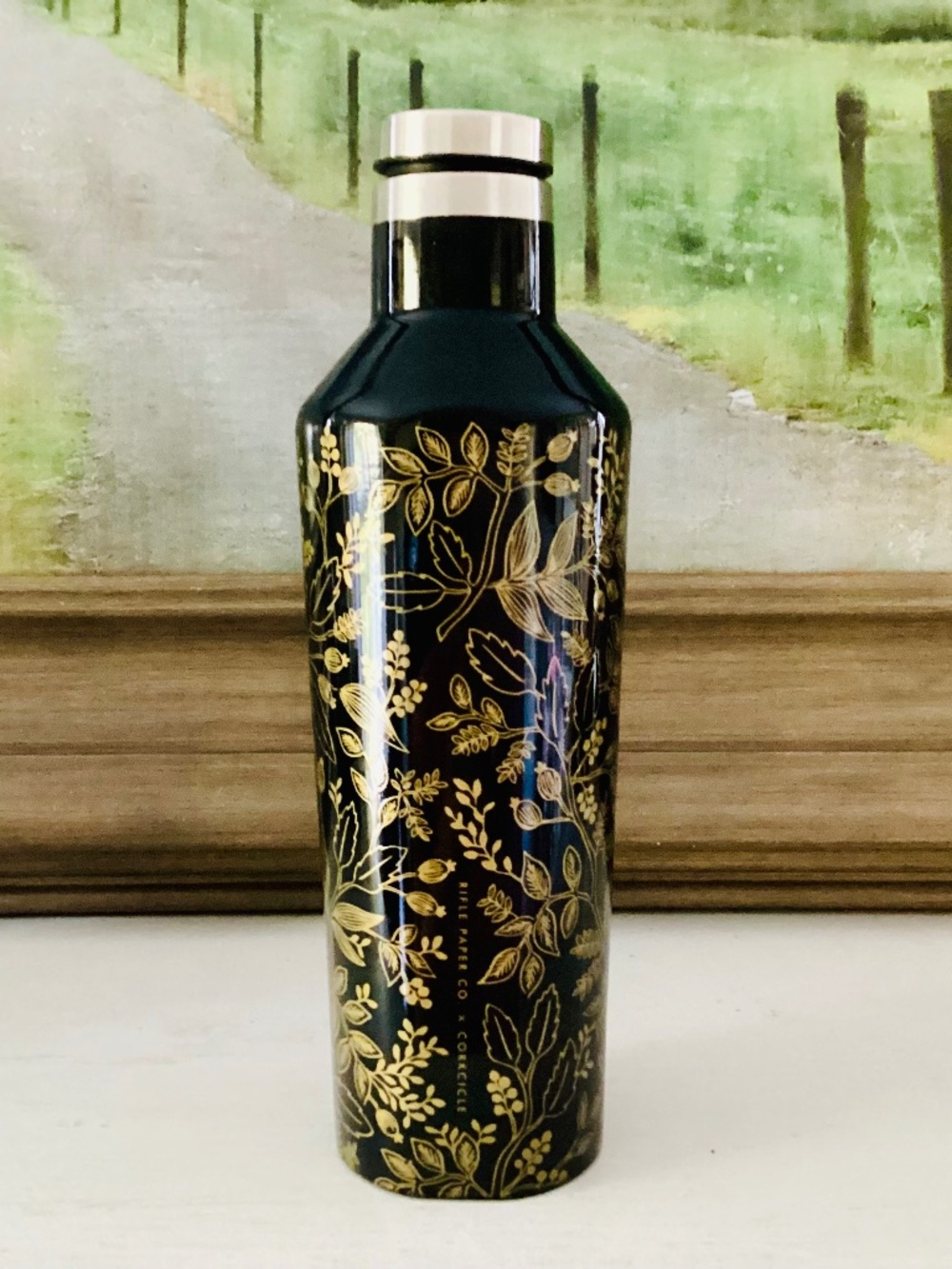 Corkcicle x Rifle Paper Black Gold Floral Queen Ann Canteen 16 Oz Tumbler Bottle
